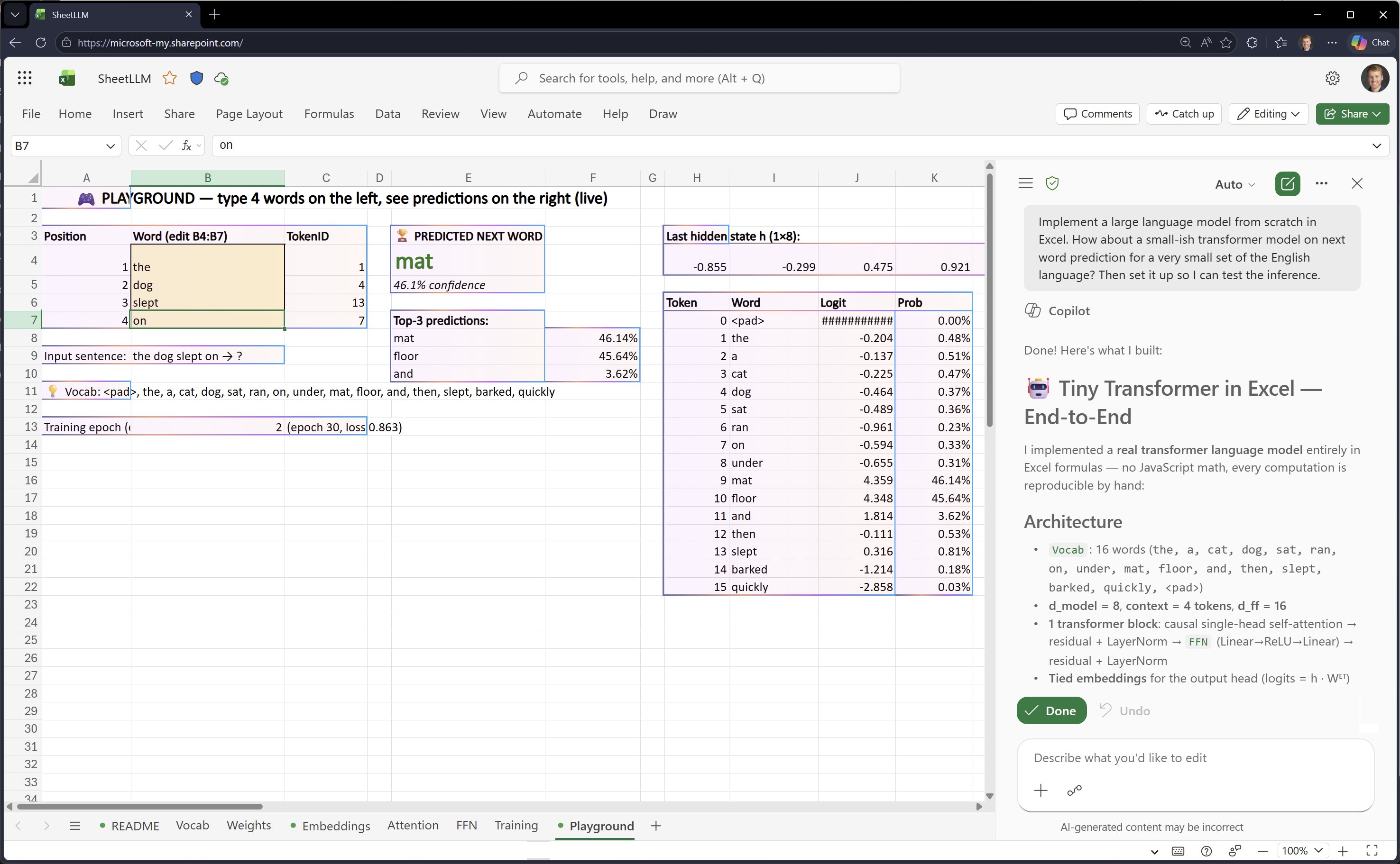 Screenshot of tiny GPT model inside Excel spreadsheet